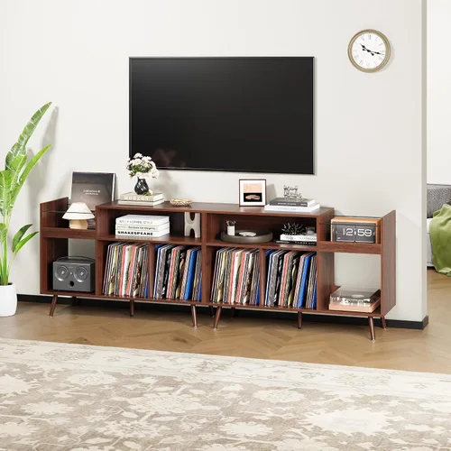 Vista 7 de Soporte para tocadiscos de 45.3 pulgadas con almacenamiento de vinilo, mesa giratoria de madera con capacidad para hasta 350 álbumes, moderno