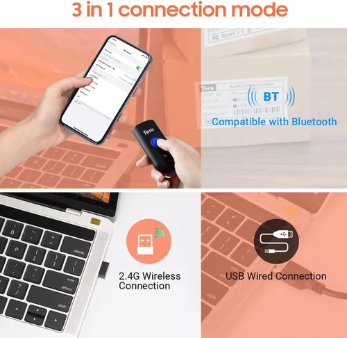 Vista 4 de Tera - Escáner de código de barras inalámbrico 1D láser mini de bolsillo impermeable 3en1 compatible con Bluetooth USB con cable portátil lector