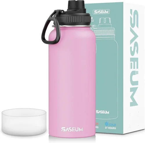 Vista 21 de SASEUM Botella de agua de acero inoxidable de 12 onzas, botella aislada sin BPA con tapa de boquilla a prueba de fugas, botella de metal de boca