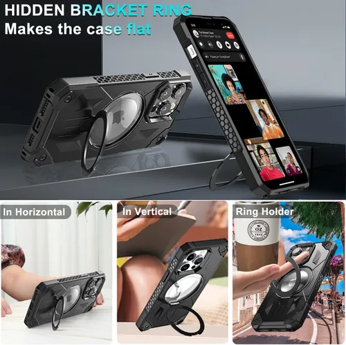 Vista 5 de Funda MagSafe compatible con iPhone 14 Pro, soporte magnético plegable invisible, soporte de anillo magnético, brillante de doble capa protectora