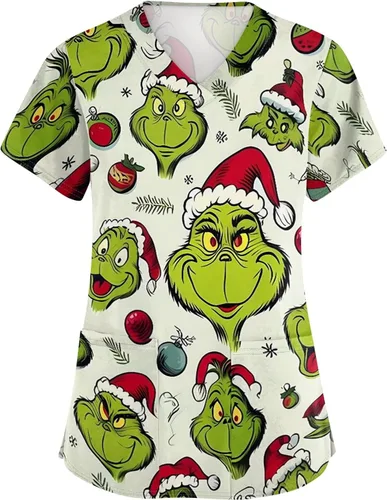 Vista 36 de Camisetas de uniforme médico de Navidad para mujer, talla grande, estampado ##896-Multicolor