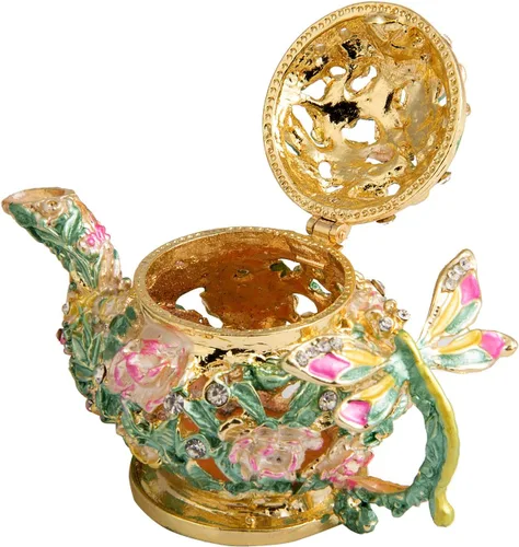 Vista 4 de QIFU Caja de baratijas esmaltada pintada a mano estilo tetera con bisagras, regalo único para decoración del hogar.. Oro Verde