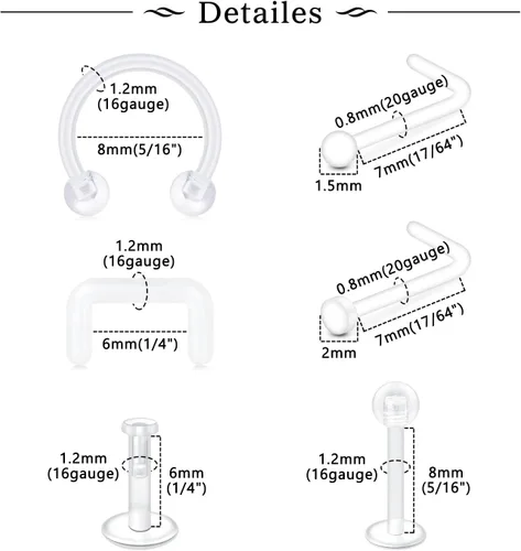 Vista 3 de 37 piezas de retenedores de piercing transparentes para el trabajo, anillos de nariz de plástico bioflex, tachuelas, anillos para el vientre