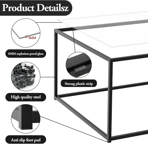 Vista 5 de Mesa de Café de Vidrio Negro para Sala de Estar, Mesas de Café Cuadradas para Espacios Pequeños, Mesas Centro Modernas de Té y Cóctel Simples, Mesas