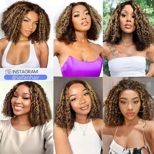 Vista 5 de Pelucas de cabello humano sin pegamento pre arrancadas pre cortadas con reflejos rubios Bob rizado corto con encaje frontal para mujeres negras