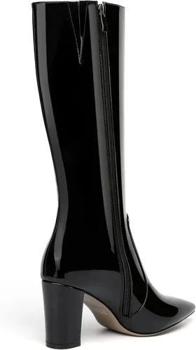 Vista 82 de AMBELIGHT Botas altas hasta la rodilla con cremallera y puntera puntiaguda para mujer, de patente sólida, tacón alto, 3.3 pulgadas