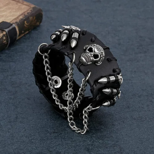 Vista 4 de Jovivi Pulsera de piel auténtica punk rock para hombre y mujer, con remaches con tachuelas y tachuelas, color negro