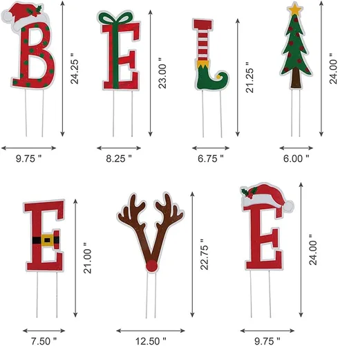 Vista 4 de Glitzhome 7 juegos de estacas navideñas Believe para patio, adornos de jardín de metal de 23 pulgadas de alto, decoración de pared para decoraciones