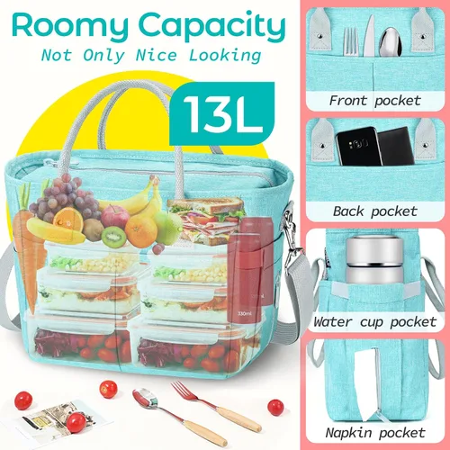 Vista 3 de KIPBELIF Cute&Classy Bolsas de almuerzo aisladas espaciosas para mujeres - Bolsa de mano grande elegante y funcional para adultos para trabajo