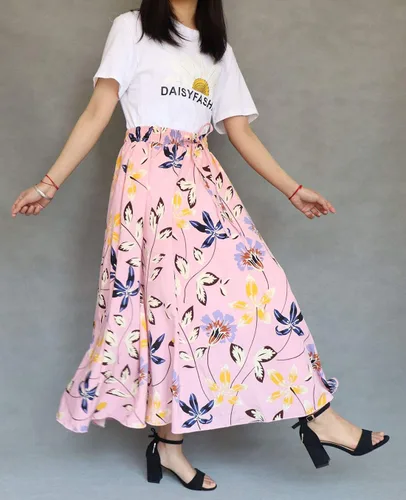 Vista 4 de Womens High Waisted Skirt Chiffon Boho Printed Vintage Pockets Swing A-Line Long Skirts
