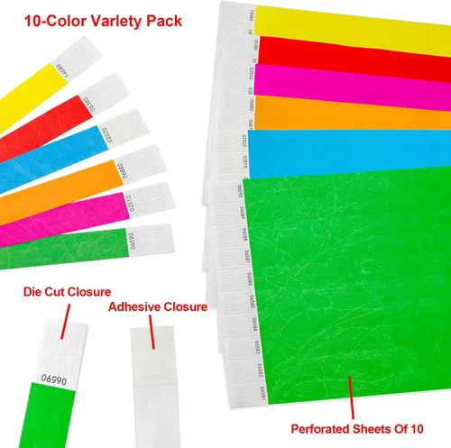 Vista 4 de Pulseras negras para eventos, 500 unidades, resistentes al desgarro, cómodas, impermeables, ligeras, para eventos, conciertos, entradas a