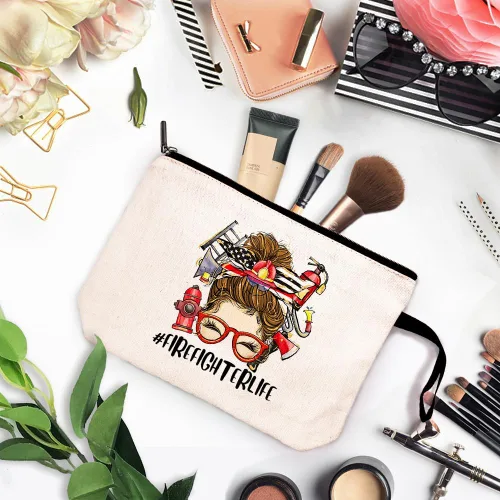 Vista 2 de ZHANTUONE Bolsa de cosméticos Firefighter Life, bolsa de cosméticos para mujer, regalo de héroe de fuego para mamá de bombero, regalo de graduación