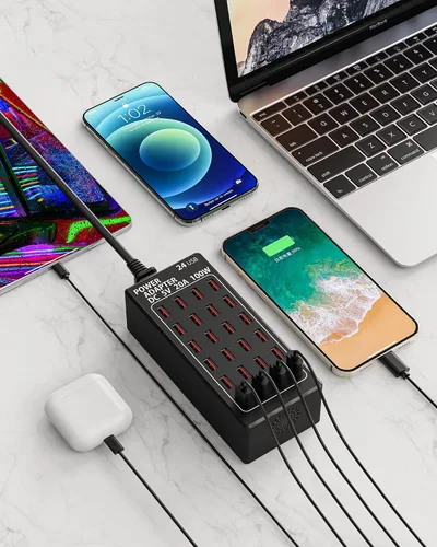 Vista 7 de Cinlinso - Estación de carga USB, 24 puertos 100 W (20 A), cargador rápido USB multipuerto con detección inteligente para teléfonos inteligentes