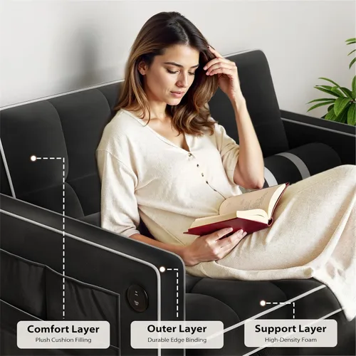 Vista 7 de Pipishell - Sofá cama convertible 3 en 1, sofá cama extraíble para sala de estar con puertos USB y bolsillos laterales, respaldo ajustable, de Negro
