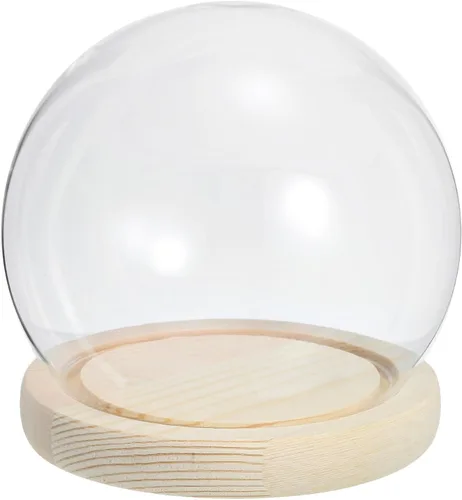 Vista 8 de PATIKIL Cúpula de cristal transparente Cloche de 4 pulgadas, vitrina de cristal con forma de globo, centro de mesa con base de madera natural