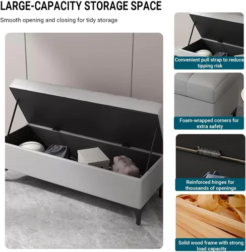 Vista 4 de Tufted Leather Storage Bench End of Bed Upholstered Entryway Ottoman Chest Café claro