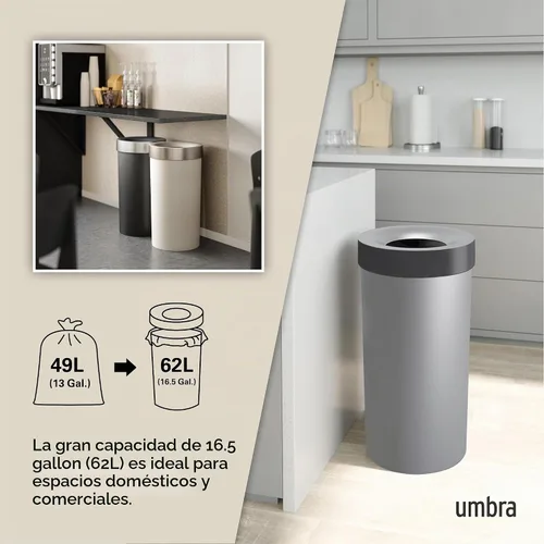 Vista 5 de UMBRA Vento - Bote de basura para cocina con parte superior abierta, gran capacidad de 16 galones (62 litros), color gris Gris/Níquel