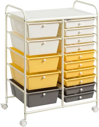 Vista 8 de Giantex - Carro de almacenamiento con ruedas, 10 cajones, organizador para papelería, oficina o escuela (Beige+Amarillo+Gris)