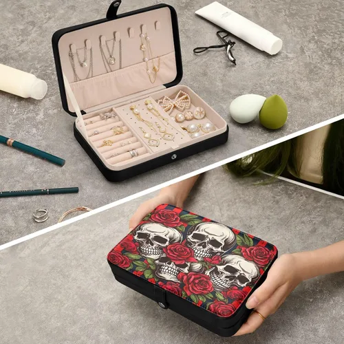 Vista 7 de Flradish Beautiful Rose and Skull Travel Jewelry Box,Portable PU Leather Small Jewelry Organizer for Earrings,Ring,Necklaces,Bracelets