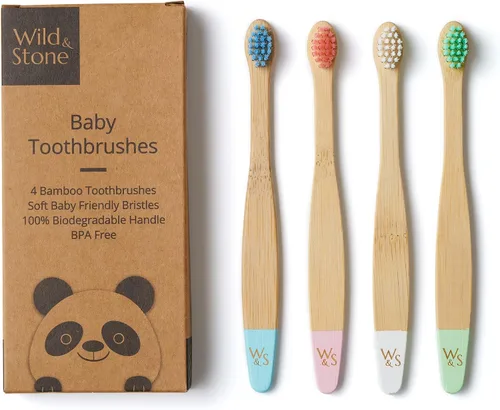 Vista 7 de Wild & Stone Cepillos de dientes orgánicos de bambú para bebé, paquete de 4, cerdas suaves, mango 100% compostable, sin BPA, cepillos de dientes