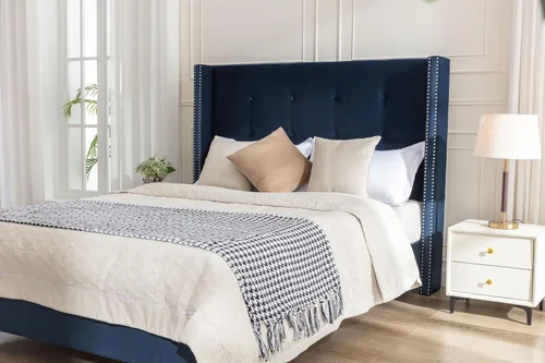 Vista 6 de Marco de Cama Tapizado, Cabecero Alto de 54", Marco de Cama Plataforma Tapizado Wingback para Dormitorios de Niños Adolescentes y Adultos Soporte