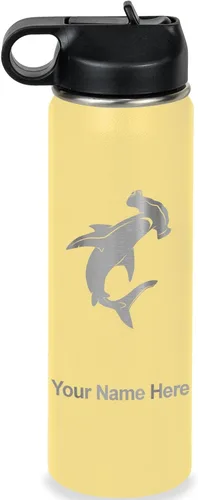 Vista 23 de LaserGram Botella de agua personalizada, tiburón martillo, acero inoxidable de doble pared aislada al vacío con popote superior, regalo grabado