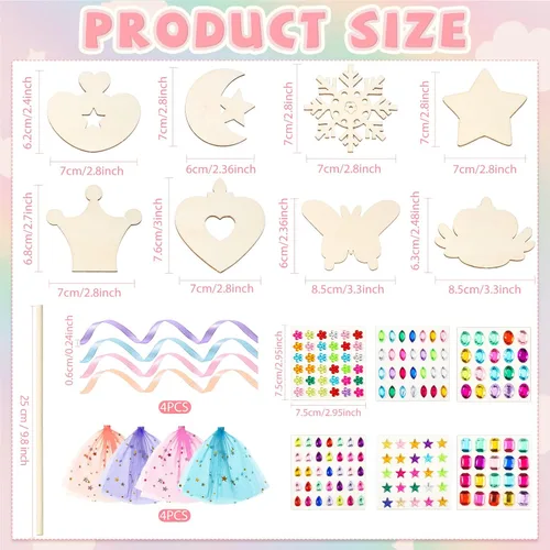 Vista 3 de Queekay - Kit de 34 varitas de princesa, 16 estrellas sin terminar, corona de mariposa, luna, palillo de madera de hada, 6 calcomanías de gemas, 4