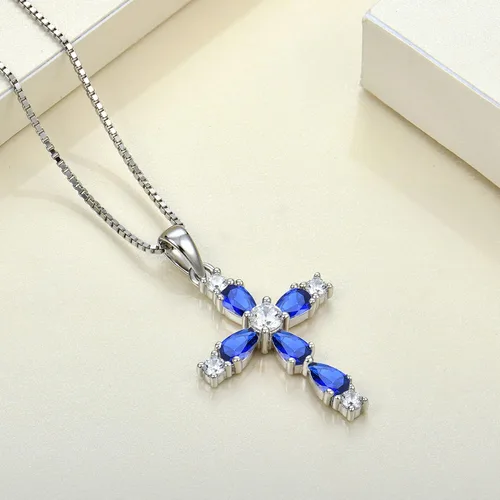 Vista 106 de YL Collar de cruz de plata de ley 925 con colgante de piedra natal religiosa para mujer