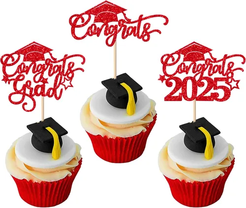 Vista 23 de Paquete de 24 adornos para cupcakes de graduación 2025 con purpurina I Am Done Diploma Felicidades Graduado Cap Cupcake Picks Class Of 2025