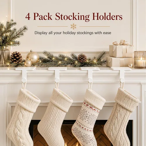 Vista 2 de 4 Pack White Christmas Stocking Holders for Mantle, Heavy Duty Metal Hooks