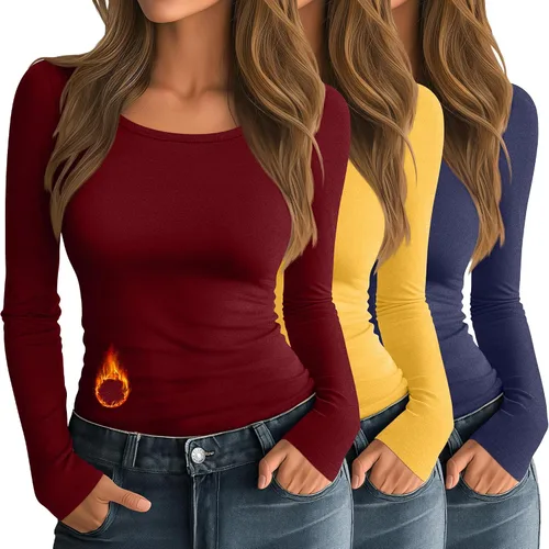 Vista 6 de Neer - Paquete de 3 camisas térmicas para mujer de manga larga, cuello redondo, forro polar, ajustadas, básicas, para invierno, capa base
