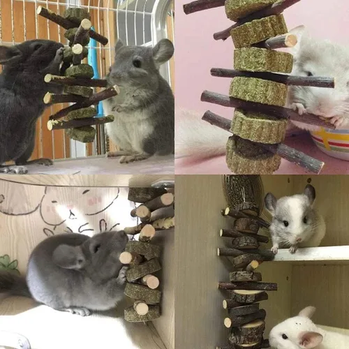 Vista 3 de Juego de juguetes masticables de hámsteres de conejo, tapete de cama tejido de paja y diente de conejo para mascotas, pastel de hierba de madera