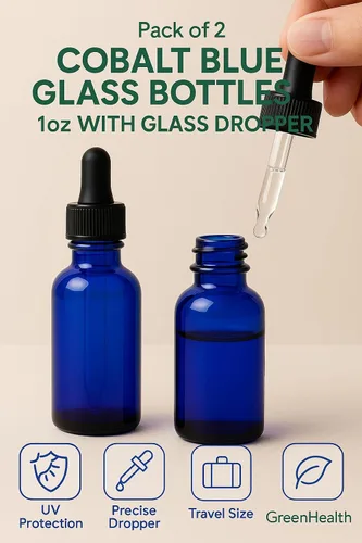 Vista 4 de GreenHealth – Pack de 2 – Botellas de vidrio azul cobalto de 1 oz con cuentagotas de vidrio Botellas rellenables para aceites esenciales