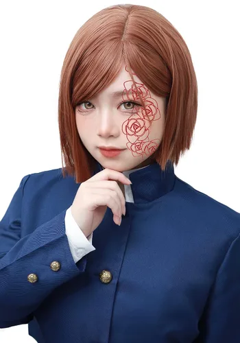 Vista 2 de DAZCOS Kugisaki Nobara - Peluca de cosplay con calcomanías para disfraz de anime (marrón)
