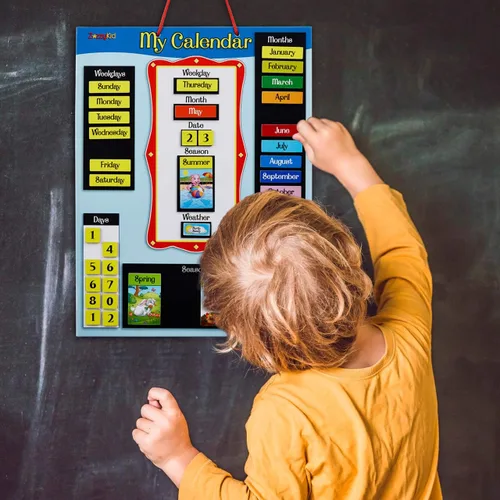 Vista 4 de ZazzyKid Calendario magnético y tabla meteorológica para niños, calendario diario preescolar de aprendizaje para días de la semana, meses, clima