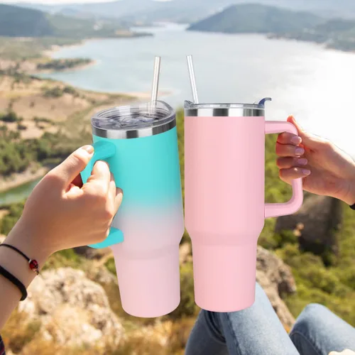 Vista 6 de SYACOT Vaso de 40 onzas con asa y pajita, vaso aislado de acero inoxidable, tapa a prueba de fugas y tapa con pajilla, taza de café de viaje