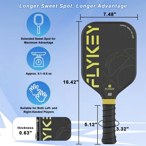 Vista 2 de FLYKEY Pickleball Paddles, T700 Carbon Fiber Pickleball Paddle with a 16mm Shark Power Polymer Core, USAPA Approved Pickle Ball Paddle, Strong Spin