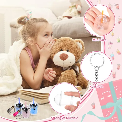 Vista 5 de Cunno 348 piezas de mini llaveros de té lechoso, accesorios de pegamento de té de burbujas, incluye anillos para llavero, mini taza, colgante