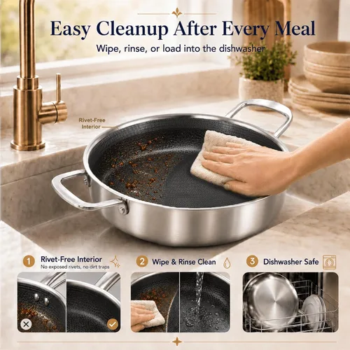 Vista 9 de DELARLO Sartén de tres capas de acero inoxidable de 10 pulgadas Sartén de freír profunda de 3QT con tapa Sartén de saltear con tapa Compatible