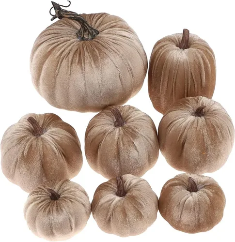 Vista 2 de Gresorth 8 calabazas artificiales de terciopelo champán hechas a mano de varios tamaños, decoración de Halloween para el hogar, cocina, granja