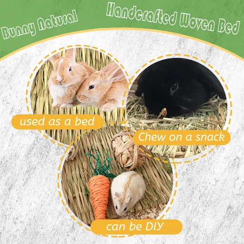 Vista 3 de kathson Alfombrillas de césped para conejo, cama tejida a mano natural de conejo, cama de heno para animales pequeños, nido de conejos, juguetes