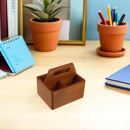 Vista 5 de Solid Wood Desktop Tea Bag Box with Handle, 3 Compartments Xmas
