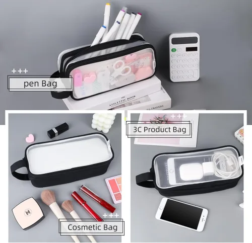 Vista 4 de Oyachic Estuche para lápices de 2 compartimentos de malla transparente para bolígrafos, bolsa de cosméticos para maquillaje, bolsa de cosméticos