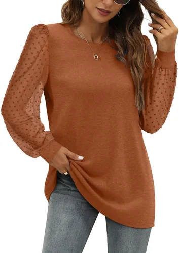 Vista 4 de WIHOLL Camisas de manga larga para mujer, túnica de otoño, ropa de cuello redondo a la moda A-caramelo naranja
