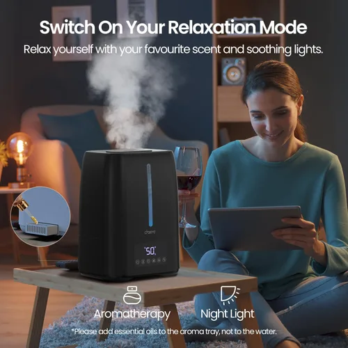 Vista 6 de Humidificador ultrasónico de 6L con llenado superior - Niebla fría y cálida para dormitorio, bebé, habitaciones grandes y plantas, control
