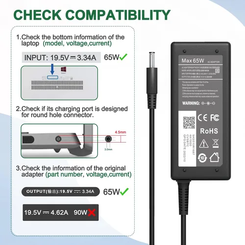 Vista 3 de Cargador de 65 W para cargador de laptop Dell, adaptador de CA para Dell Inspiron 15 3000 5000 Series 15-3552 3558 3565 3567 5551 5552 5555 5558