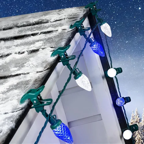 Vista 9 de Luces LED C9 de Navidad para exteriores, 68 pies, 100 luces LED de fresa con 100 abrazaderas de resorte, impermeable, grado comercial, extensible