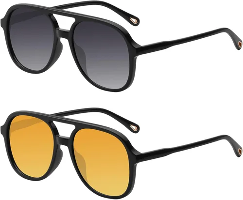 Vista 2 de YDAOWKN Retro Aviator Sunglasses for Womens Mens 70s Double Bridge Sunnies 2 Tintes Negro/Gris+Negro/Amarillo