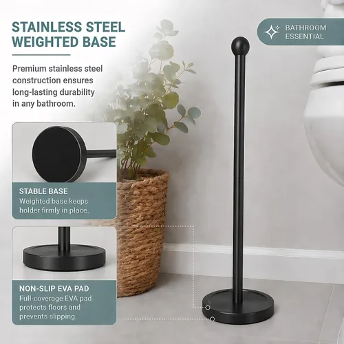 Vista 3 de Songtec Soporte para Papel Higiénico de Pie, Soporte de Rollo de Papel Tisú Negro de Pie con Reserva para 4 Rollos, Diseño Compacto