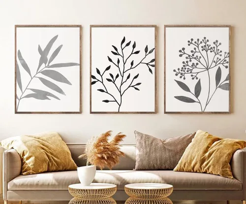 Vista 9 de NATVVA 3 piezas de arte de pared botánico de flores salvajes, impresiones en lienzo de hojas de línea azul marino, póster floral, pintura para sala